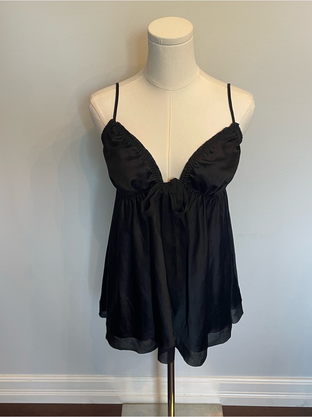 Jacob Black Satin Babydoll Chemise with Spaghetti Straps